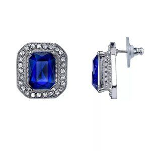 2028 Silver-Tone Dark Blue Stone and Crystal Octagon Button Earrings